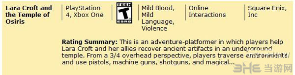 劳拉和奥西里斯神庙娱乐软件分级委员会分级报告
