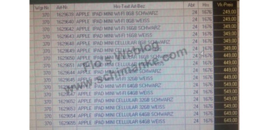 德国媒体曝光的iPadmini售价单
